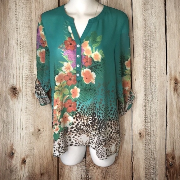 Soft Surroundings Tunic Symphony Night Floral Animal Print Top M Roll Tab Sleeve - Picture 1 of 13